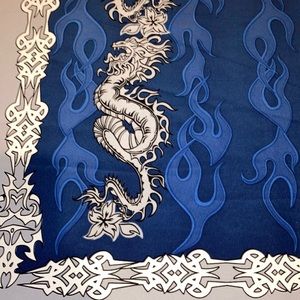 3.375 yards of blue, gray & white polyester dragon shirting fabric